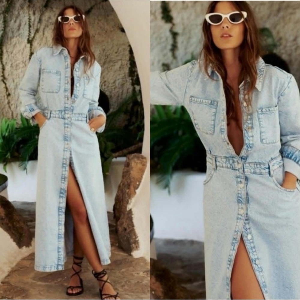 Zara Light Blue Denim Midi Dress